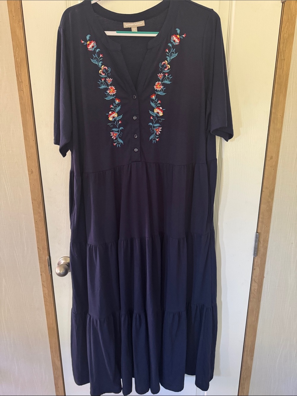Woman Within Navy Maxi Dress with Multicolor Floral Embroidery